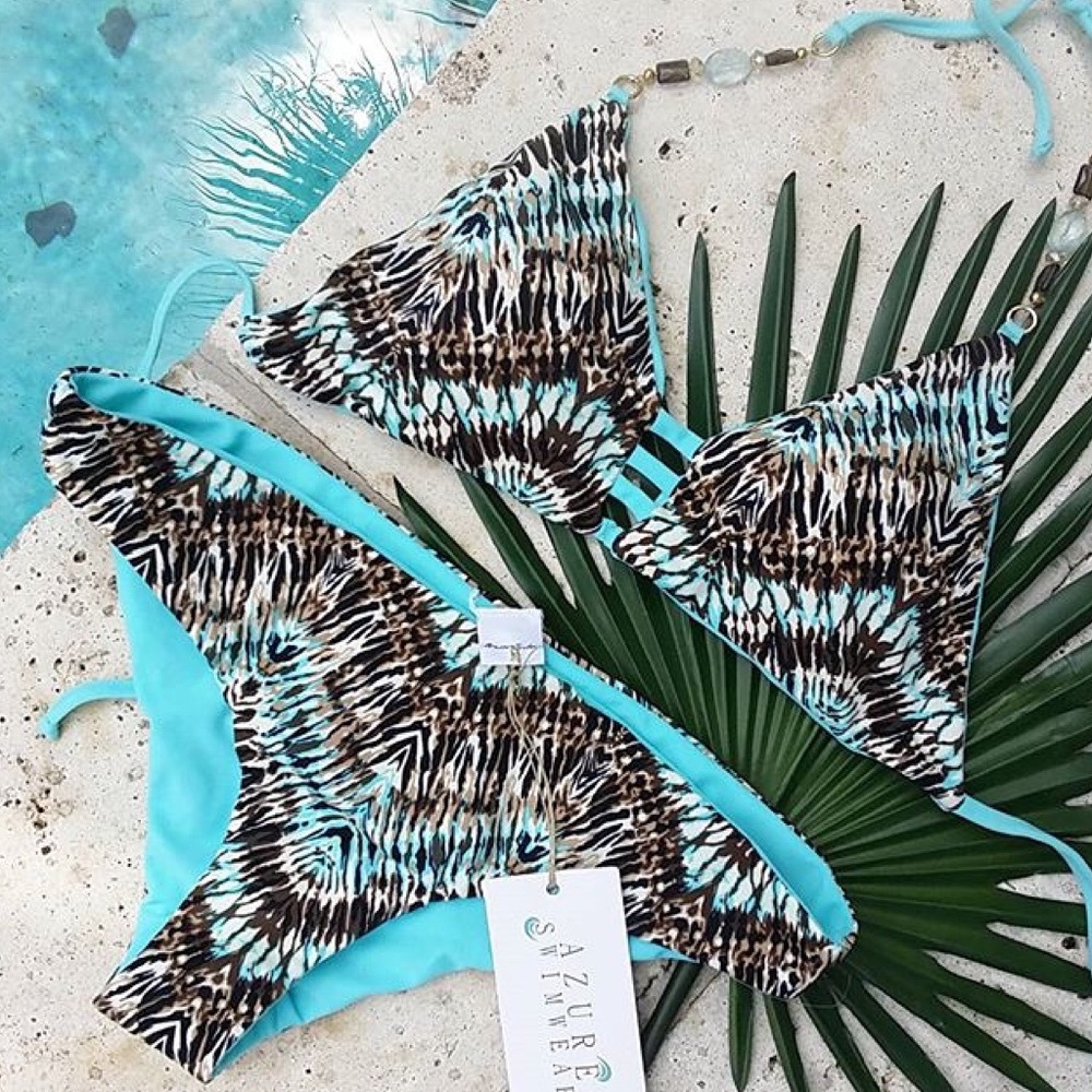 Swim Bikini top bottom blue/ brown reversible NWT